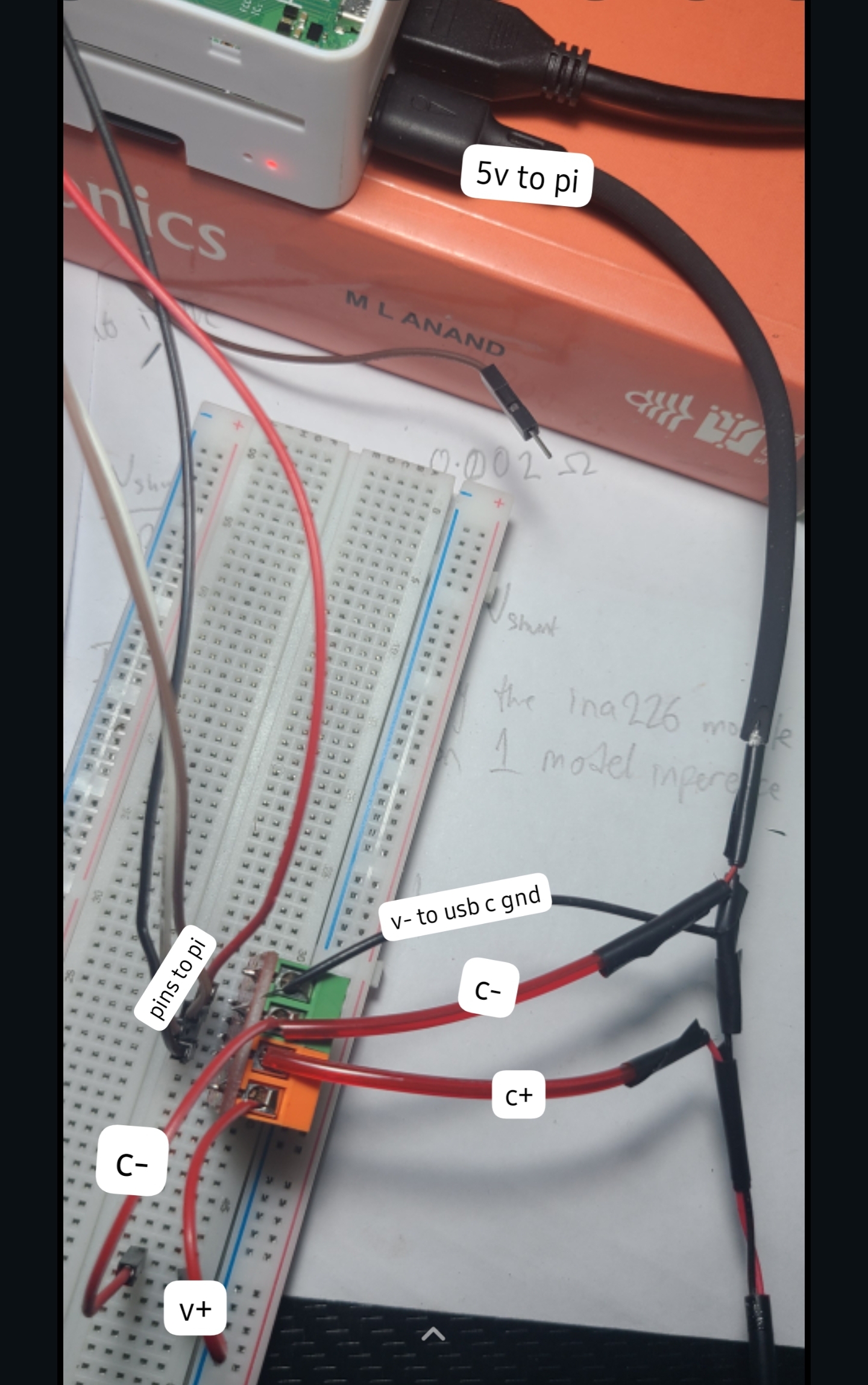 Labelled physical wiring of the INA226 module in the Raspberry Pi power path