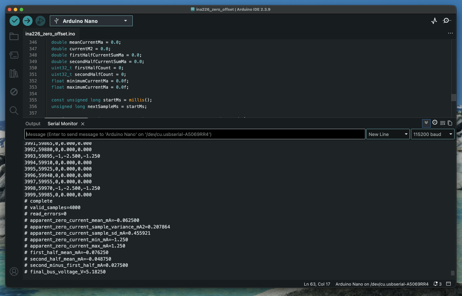 Arduino serial output from an INA226 zero-current characterization run
