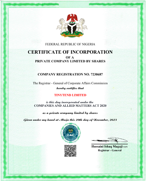 TinyTend Limited certificate of incorporation