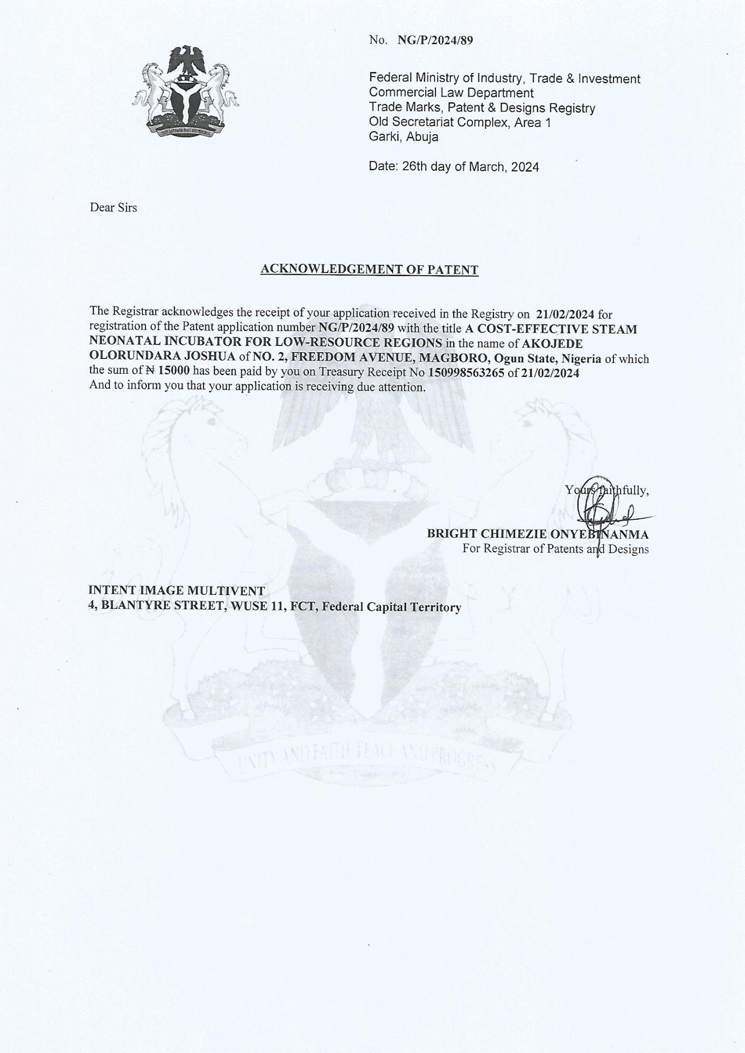Acknowledgement of Nigerian patent application NG/P/2024/89