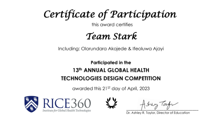 Rice360 Global Health Technologies Design Competition certificate